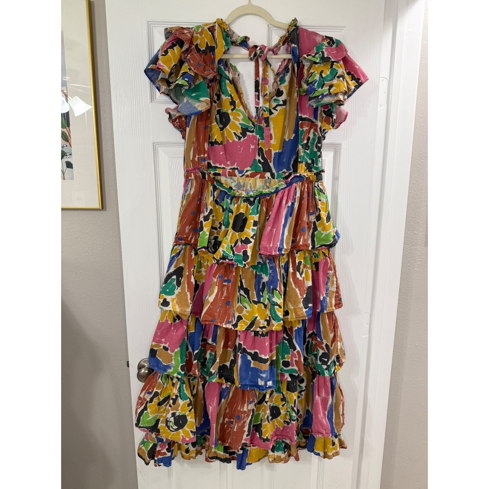 Love The Label Mix-Print Tiered Ruffle Midi Dress Size Large Multicolor Cotton - Picture 5 of 8